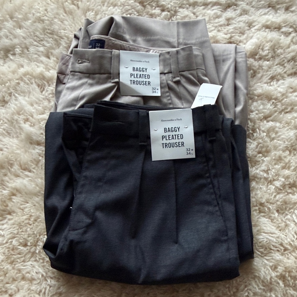 Abercrombie & Fitch Men's Baggy Pleated Trousers - Black and Tan